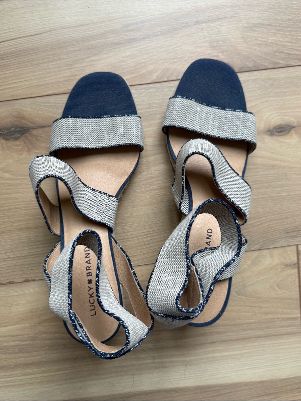 Lucky Brand Beige and Navy Woven Strap Sandals